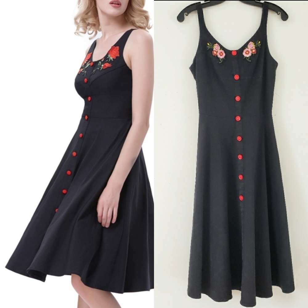 ACEVOG Black Cotton Mid Dress with Floral Embroidery Size S